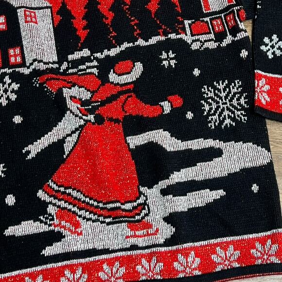 Vtg Large Metallic Ice Skaters Ugly Christmas Sweater 1980s Red Black Silver - Picture 2 of 7